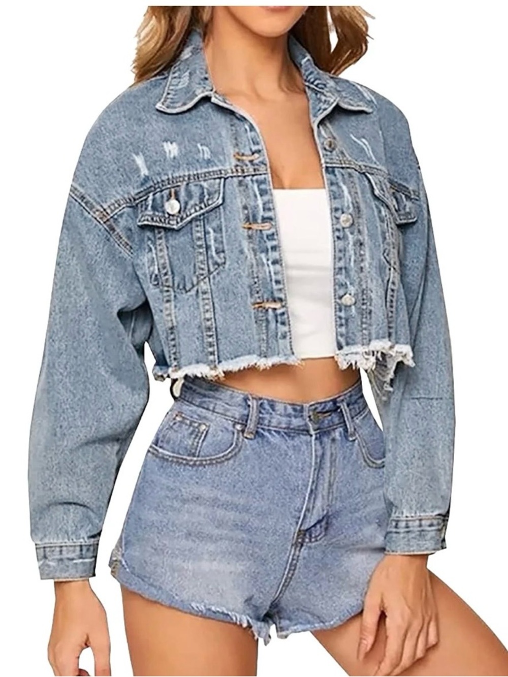 Cropped Light Wash Denim Jacket - Women